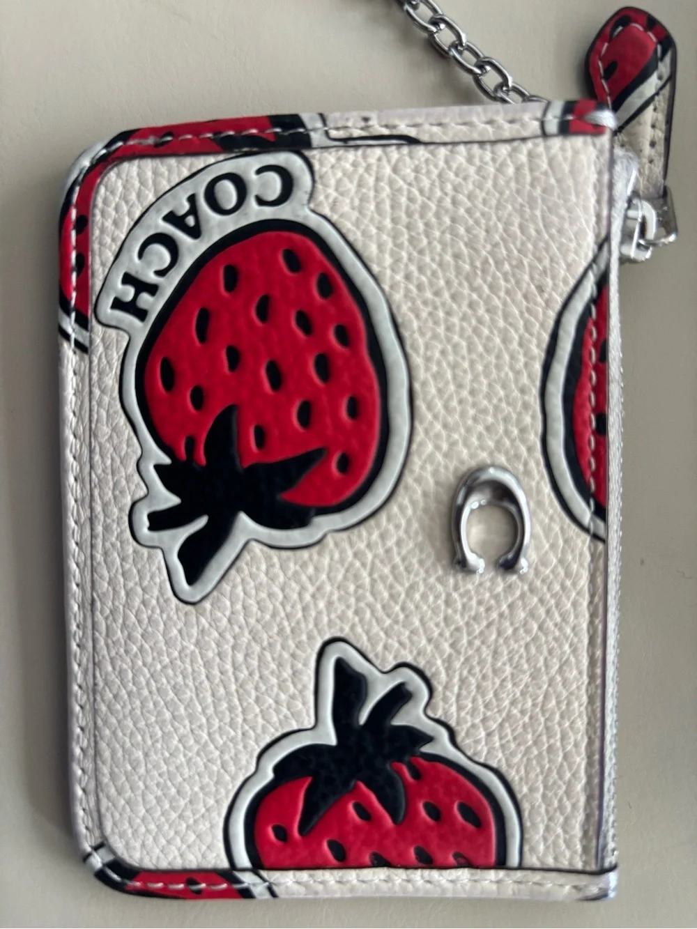 Coach Leather Pouch with Red Strawberry Keychain.